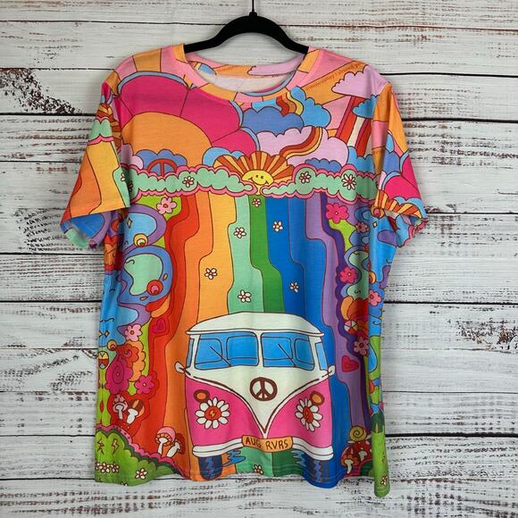 Women's Aug Rivers VW Bus Allover Graphic Rainbow Hippie Print T Shirt Size XXL - Picture 1 of 5